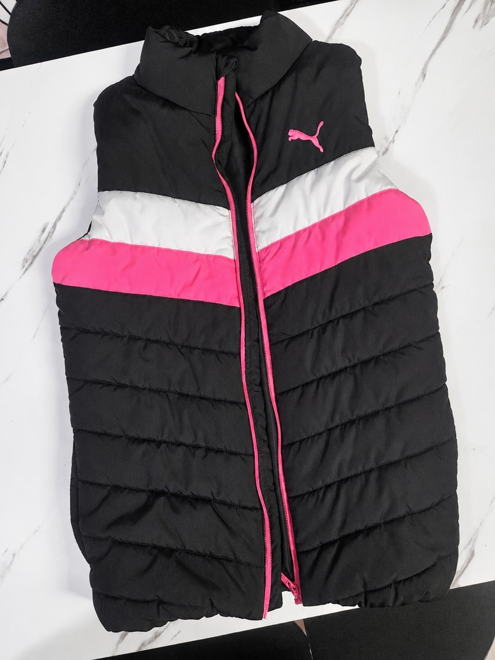 PUMA Girls Quilted Puffer Vest Black Pink White Size M (10/12)